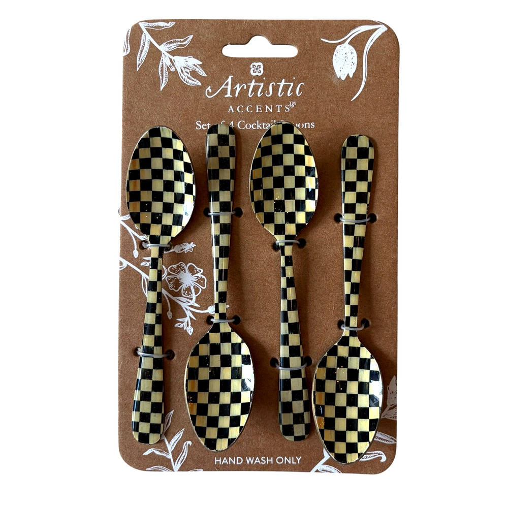 Artistic Accents Checkered Cocktail Spoons Set of 4 Enameled Cream & Black New